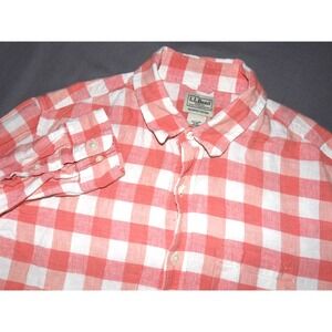 L.L .Bean 100% Linen Peach Checkered Long Sleeved Button Up Shirt Men's Medium